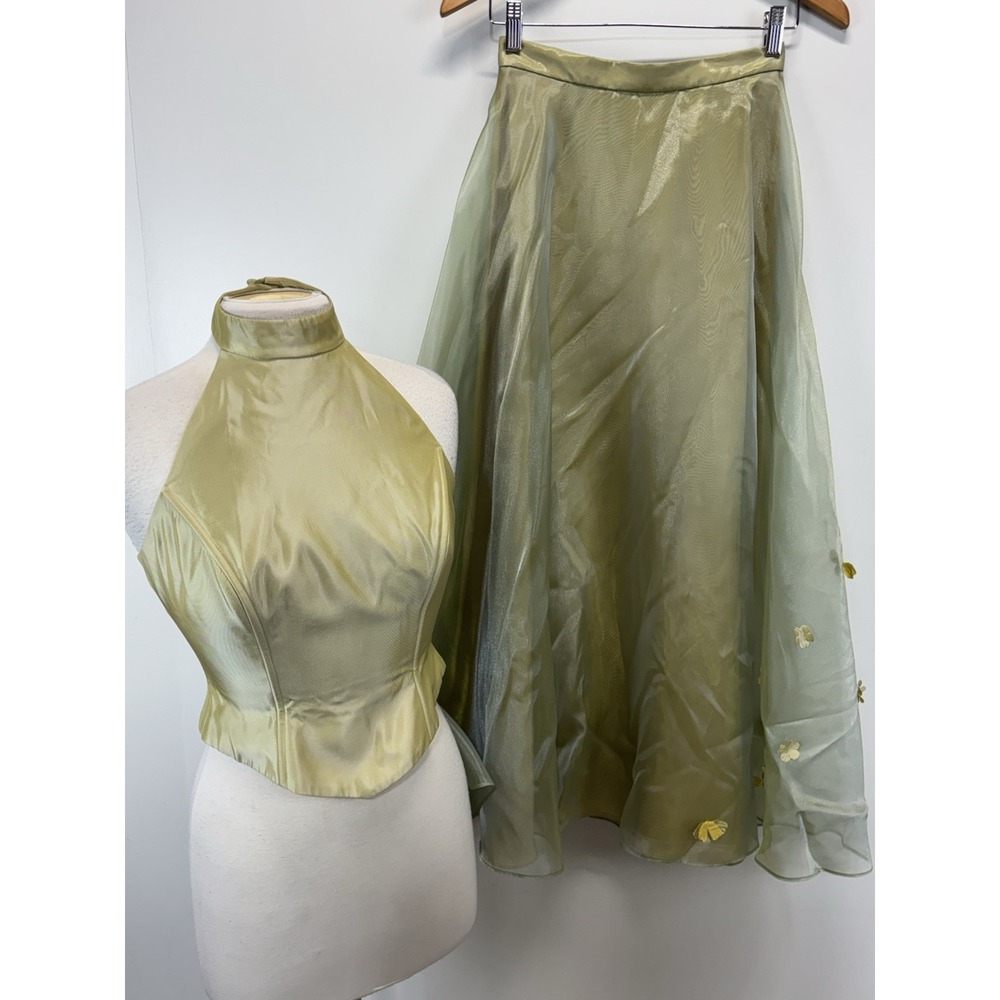 Vtg Cache 2 Pc Maxi Skirt Set 4 Green Halter Top Chiffon Skirt Y2K Fairy Whimsy
